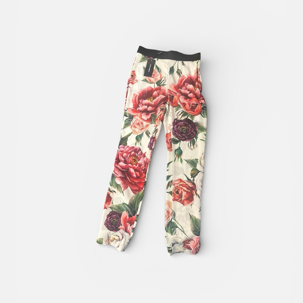 Dolce & Gabbana Cream Floral Cropped Pants with Black Waistband